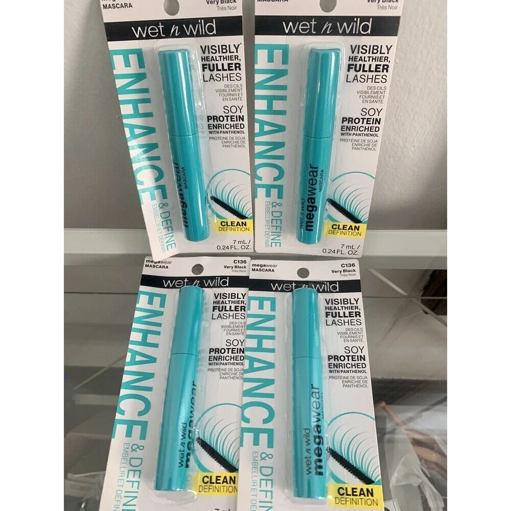 (4) Wet 'n Wild Megawear Mascara #C136 Very Black New Set Clean Fuller